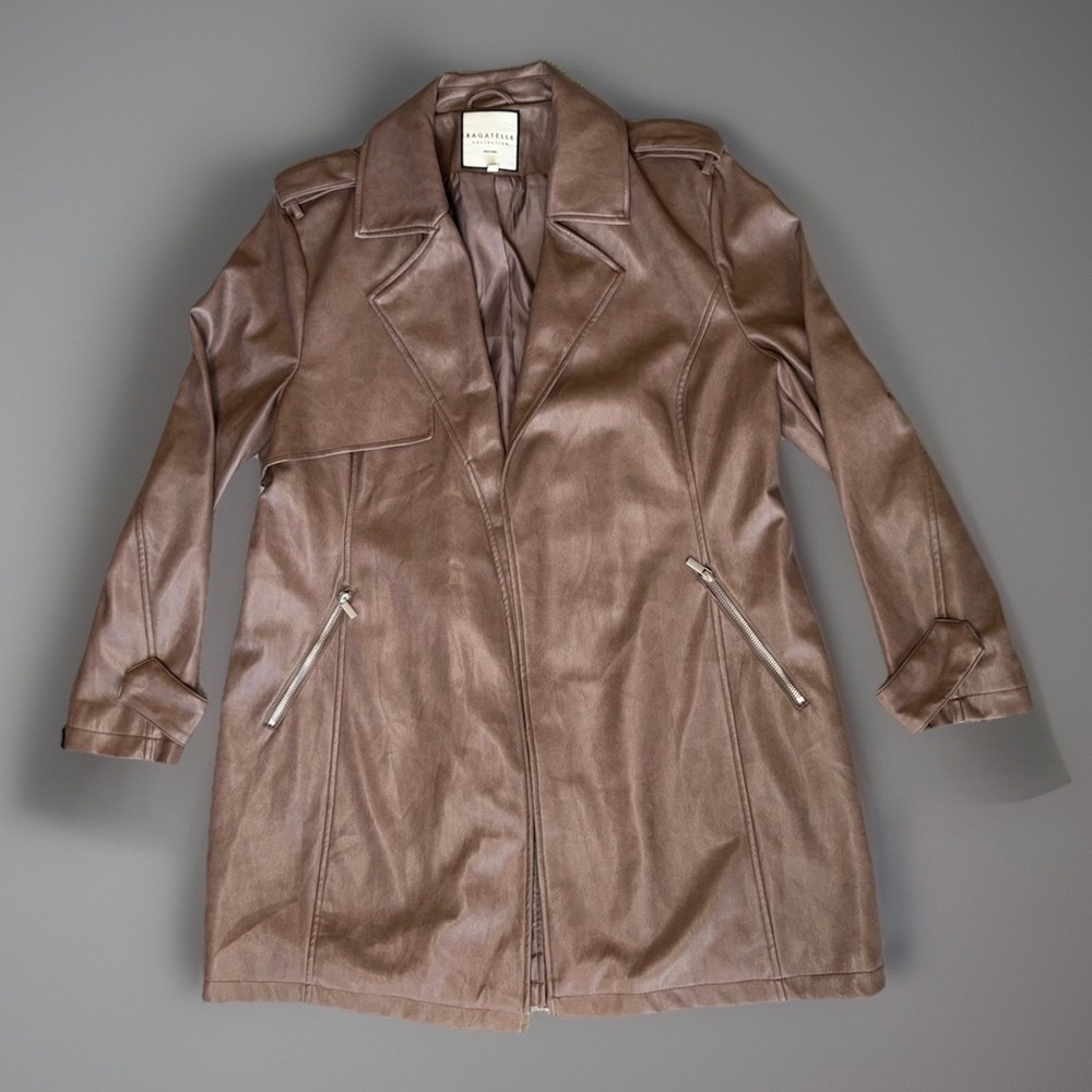 NWOT Bagatelle Brown Faux Leather Long Moto Jacket Zip Pockets Women's Size XL